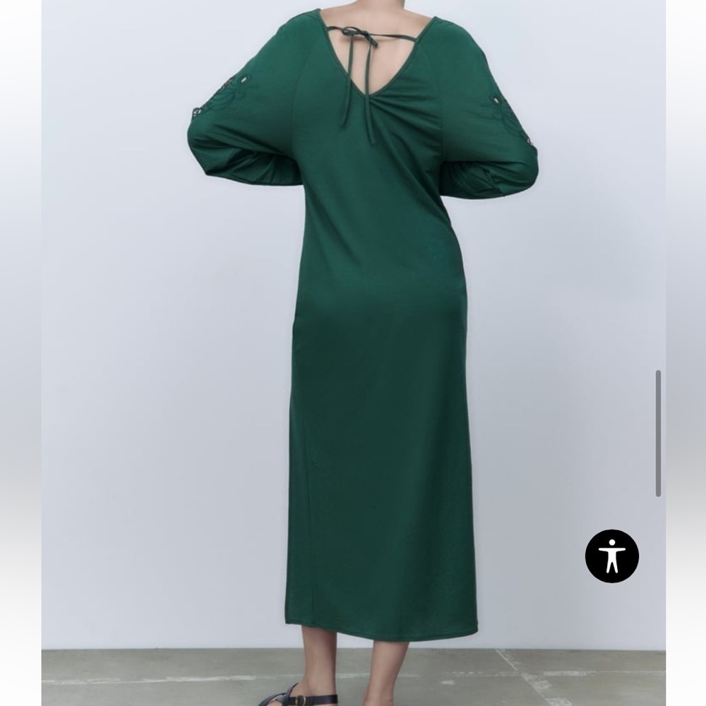 ZARA OPEN CROCHET LACE LONG SLEEVE VAMP MAXI DRESS FOREST GREEN MEDIUM NWT - Picture 7 of 16